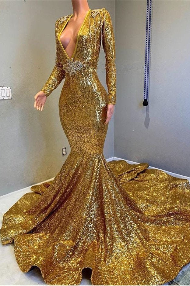 Long Sleeved Gold Sequins Prom Dress for Curvy Black Girls