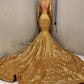 Long Sleeved Gold Sequins Prom Dress for Curvy Black Girls