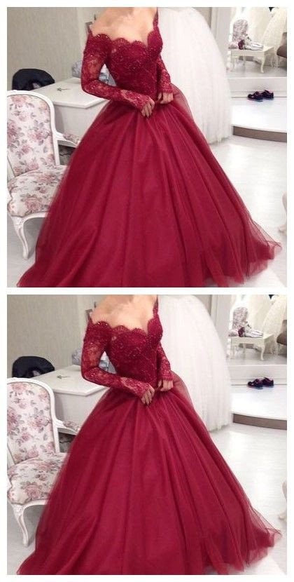 Ball Gown Prom Dress,Burgundy Prom Dress,Off The Shoulder Prom Dress,Long Sleeve Prom Dress,MA021