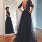 Navy Blue Prom Dress Lace Top Tulle Prom Drress with Sleeves MA106
