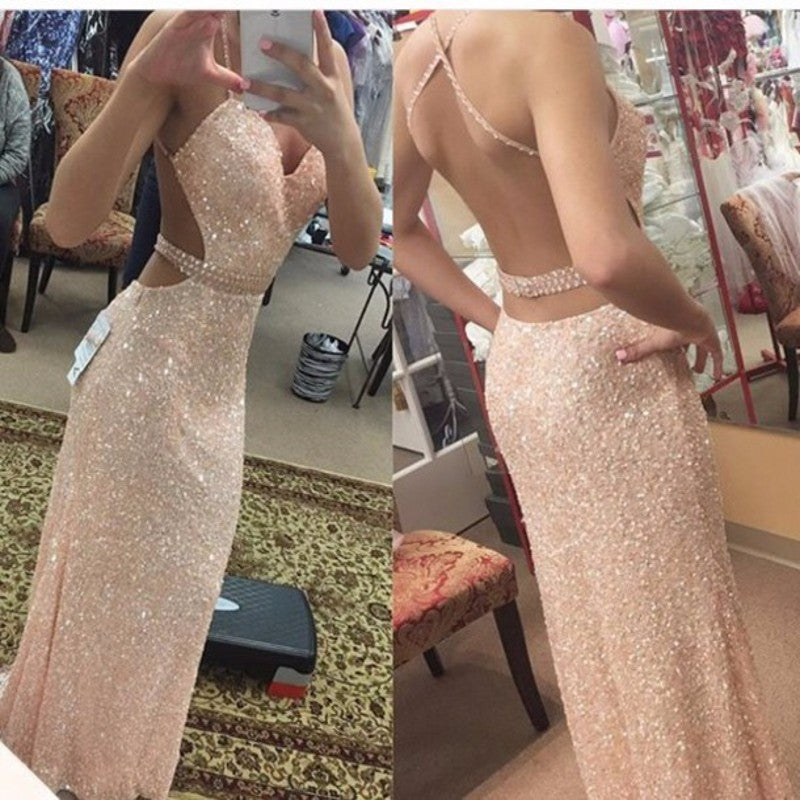 Backless Evening Dress,Sexy Prom Dress,Sequins Prom Gown,Champagne Prom Dress,MA138