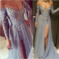 Dusty Blue Prom Dress,Prom Dress With Sleeves,Side Slit Prom Dress,Long Prom Dress,MA193