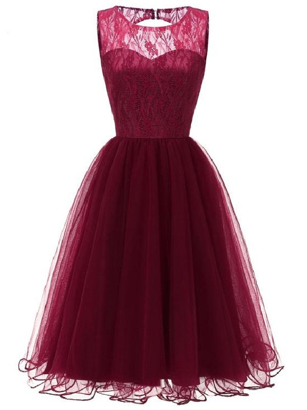 Maroon Retro Prom Dress Modest Lace Top Tulle Dress Short Homecoming Dress, 074B