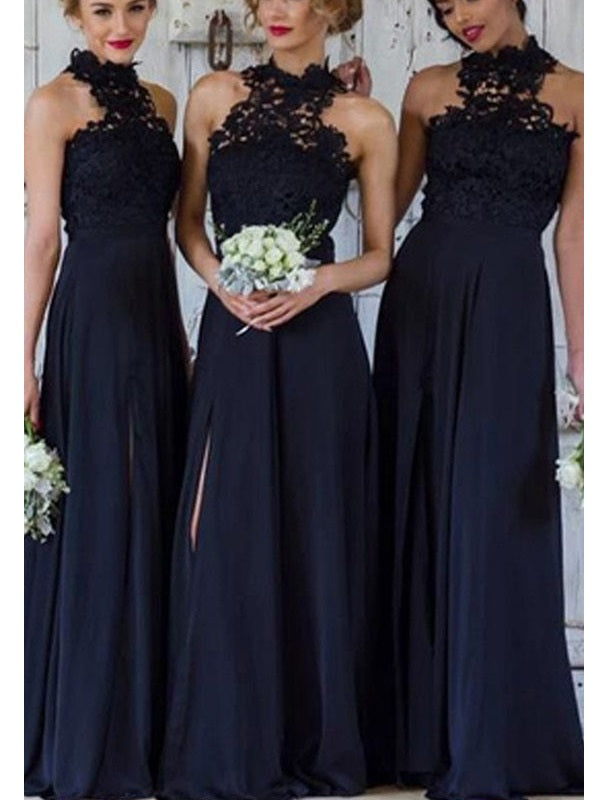 Modest Halter Lace Top A-Line Dark Blue Bridesmaid Dresses Long with Side Slit,#711067