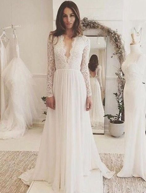 Modest Chiffon Long Lace Sleeve A-line Beach Wedding Dress Reception Dress GDC1102