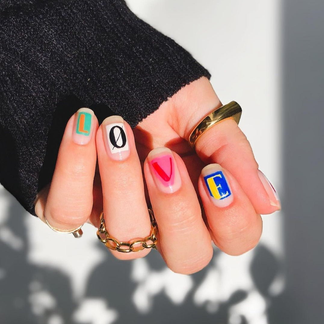 Multicolor Letters 'LOVE' Short Squoval Press On Nails