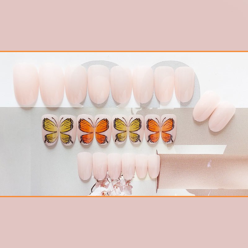 Butterfly White Almond Short Press On Nails