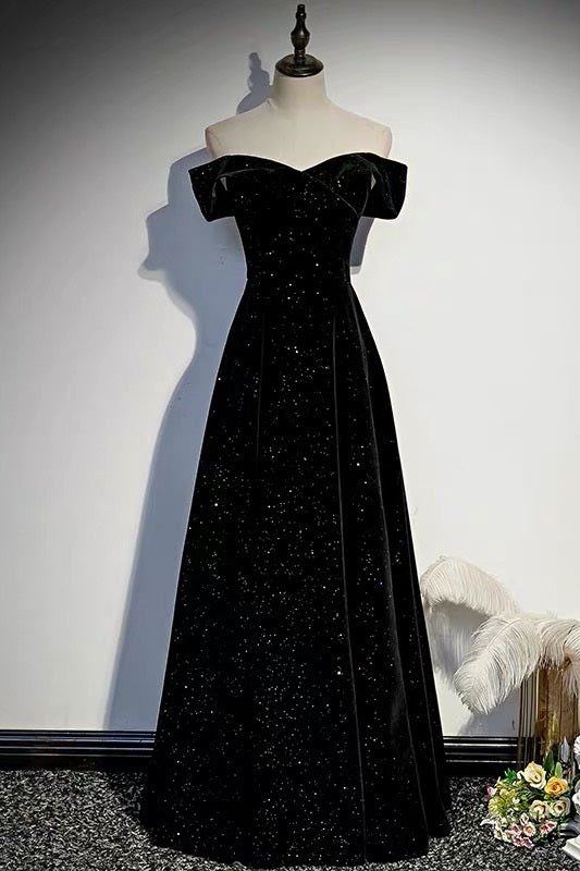 Off Shoulders Velvet Glitter Black Prom Dress