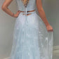 Pale Blue Fit Off the Shoulder Lace Two Piece Long Prom Dress with Side Slit,20081625