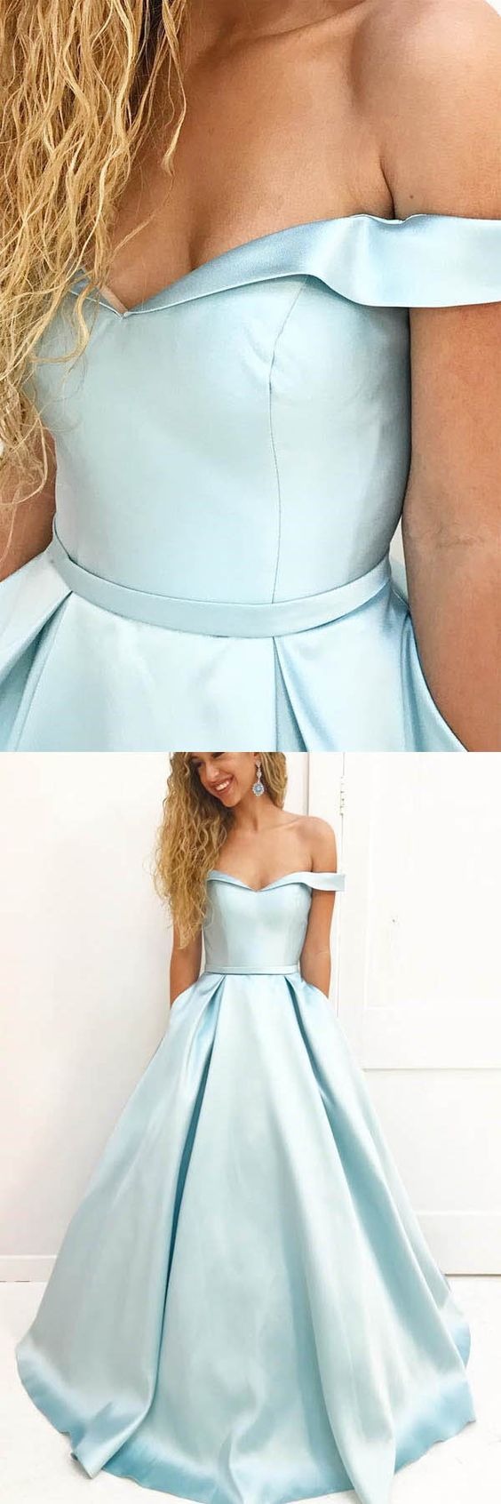 Pale Blue A-line Satin Off Shoulders Long Prom Dress,Simple Sweet 16 Dress,GDC1227