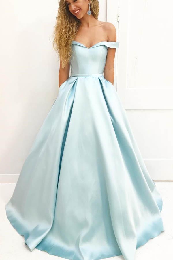 Pale Blue A-line Satin Off Shoulders Long Prom Dress,Simple Sweet 16 Dress,GDC1227
