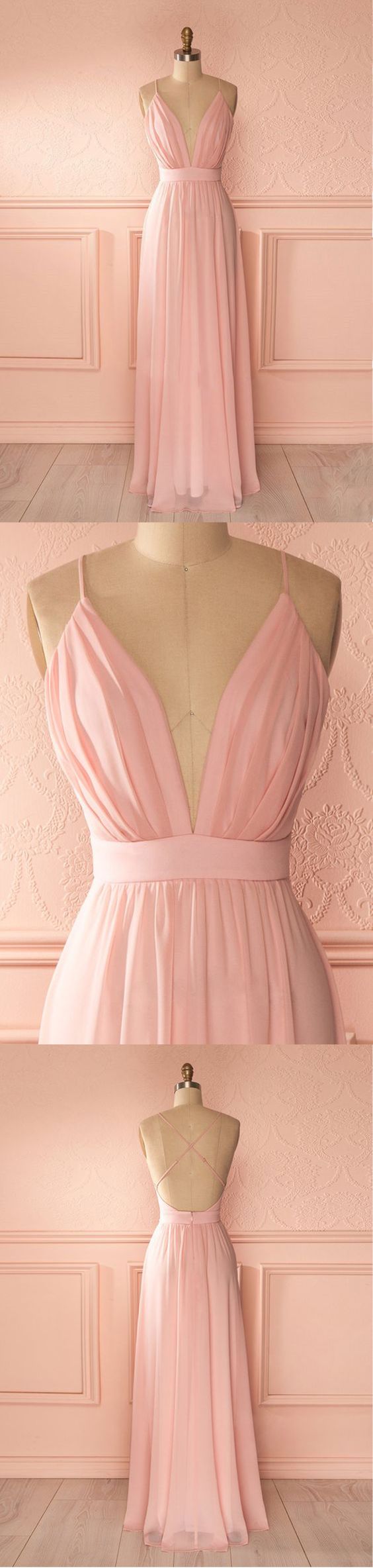 Pink Chiffon Bridesmaid Dresses Long Plunge V neck Prom Dress GDC1184