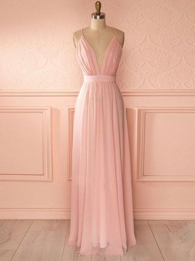 Pink Chiffon Bridesmaid Dresses Long Plunge V neck Prom Dress GDC1184