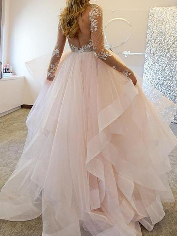 Backless Tulle Skirt Long Sleeve Princess Ruffle Wedding Dress with Sleeves GDC1131
