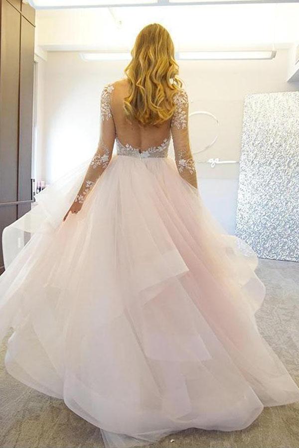 Backless Tulle Skirt Long Sleeve Princess Ruffle Wedding Dress with Sleeves GDC1131