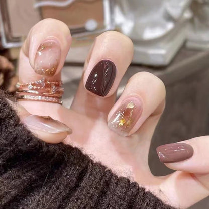 Brown Sequins Medium Squoval Press On Nails