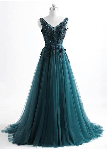 Romantic V neck Green Lace Appliques Tulle Long Prom Dress,GDC1204