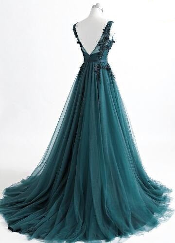 Romantic V neck Green Lace Appliques Tulle Long Prom Dress,GDC1204
