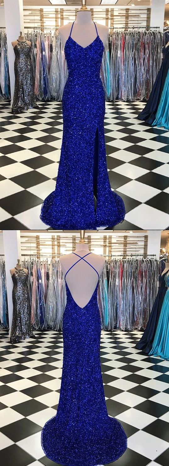 Royal Blue Sequin Long Sexy Sparkly Prom Dress Gown Low Back Evening Dress,GDC1004