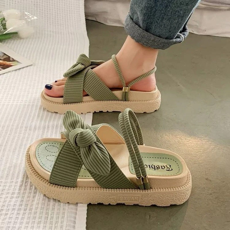 Shoes for Women Sandals Butterfly-Knot Comfy Lady Slippers Thick Sole Roman Flat Beach Slides Fashion Sandalias De Mujer