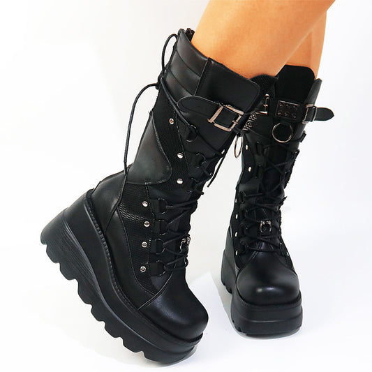 Brand Design Gothic Ladies High Platform Boots Fashion Rivet Goth High Heels Boots Women Cosplay Wedges Punk Shoes Woman - ladieskits - Boot
