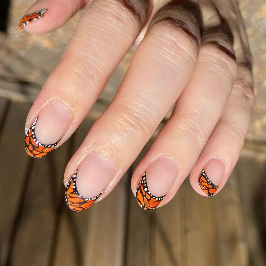 Orange Butterfly French Tip Short Oval Press On Nails