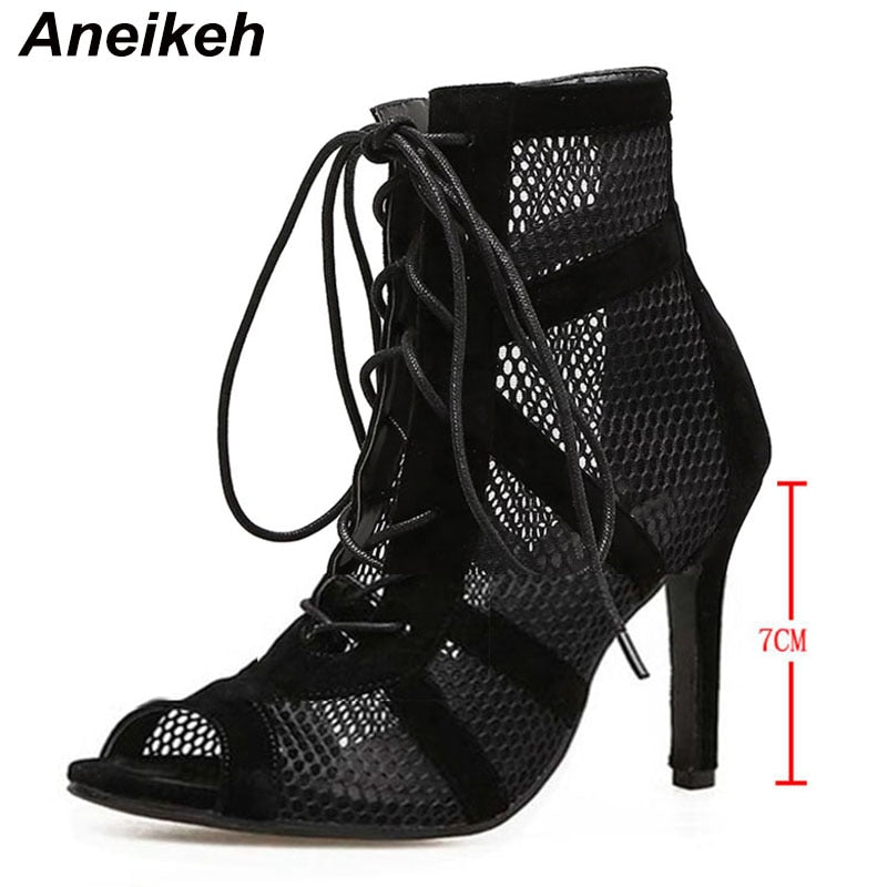 Fashion Basic Sandals Boots 2023 - Women High Heels Pumps Sexy Hollow Out Mesh Lace-Up Cross-tied Boots Party Shoes 35-42 - ladieskits - boot