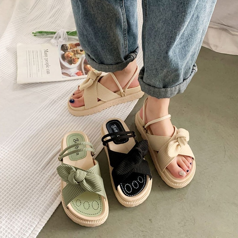 Shoes for Women Sandals Butterfly-Knot Comfy Lady Slippers Thick Sole Roman Flat Beach Slides Fashion Sandalias De Mujer