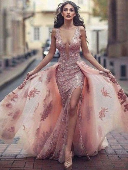 Sexy Low Back Dusty Pink Flowy Lace Tight Prom Dress with Detachable Train 20081615