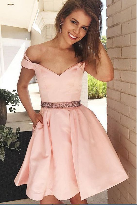 Shop Cute Blush Pink Off the Shoulder Short Prom Dress with Beading Waist,GDC1323