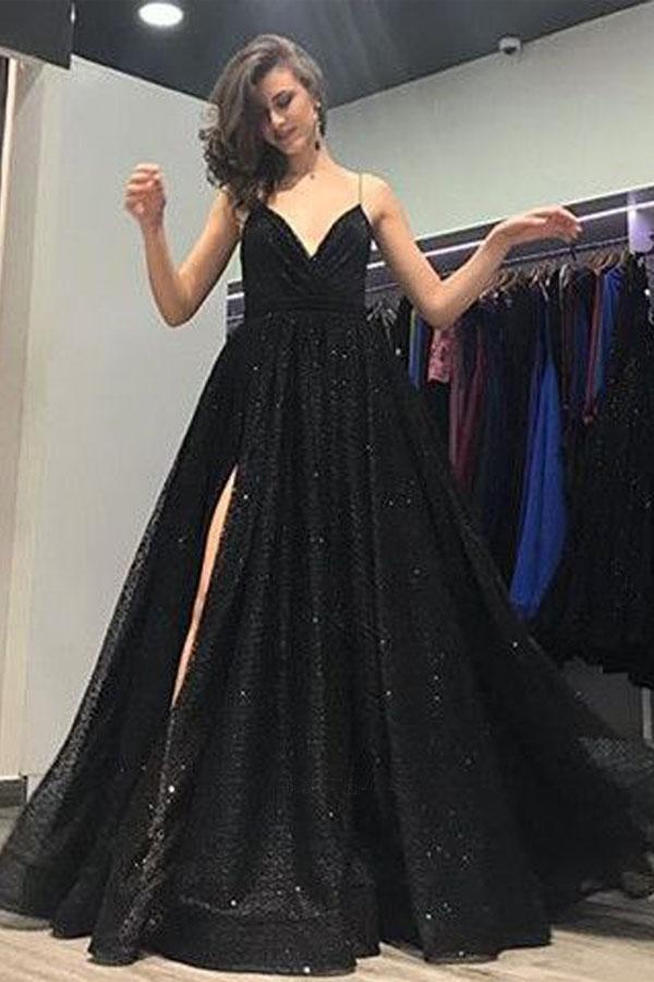 Shop Spaghetti Straps Long Side Slit Black Prom Dress 8TH Grade Formal Gown,GDC1283