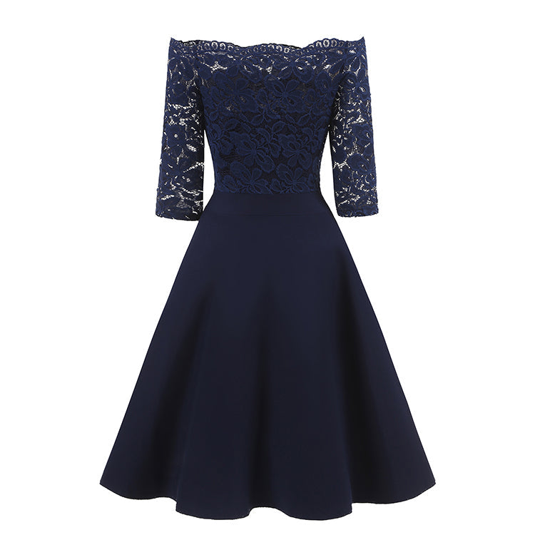 Navy Blue Short Bridesmaid Dresses Blue Off the Shoulder Lace homecoming Dress with Sleeves,1597N