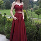Simple Burgundy Two Piece Spaghetti Straps Long Prom Dress with Pockets,20082023