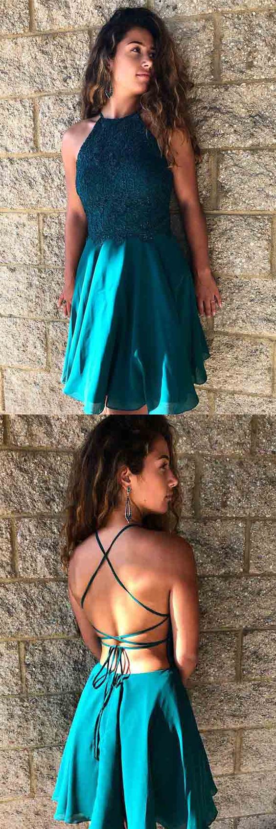 Teal Green Halter Lace Top Short Mini Prom Dress Sweet 16 Dress,GDC1309