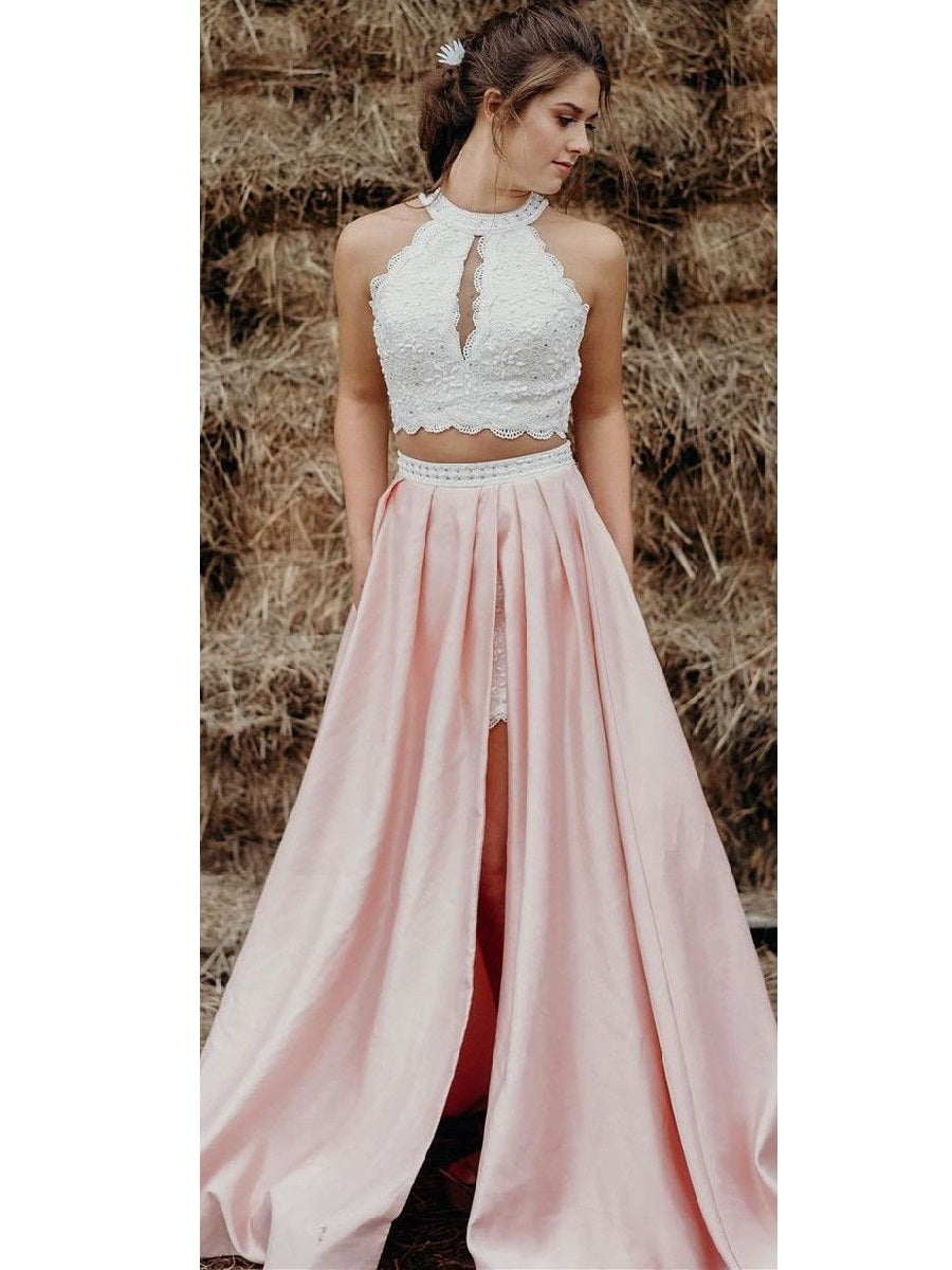 Trendy Contrast Color Two Piece Lace Top Long Prom Dress with side Slit and Pockets,20081909