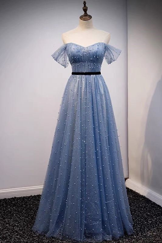 Tulle Dusty Blue Flowy Long Prom Dress