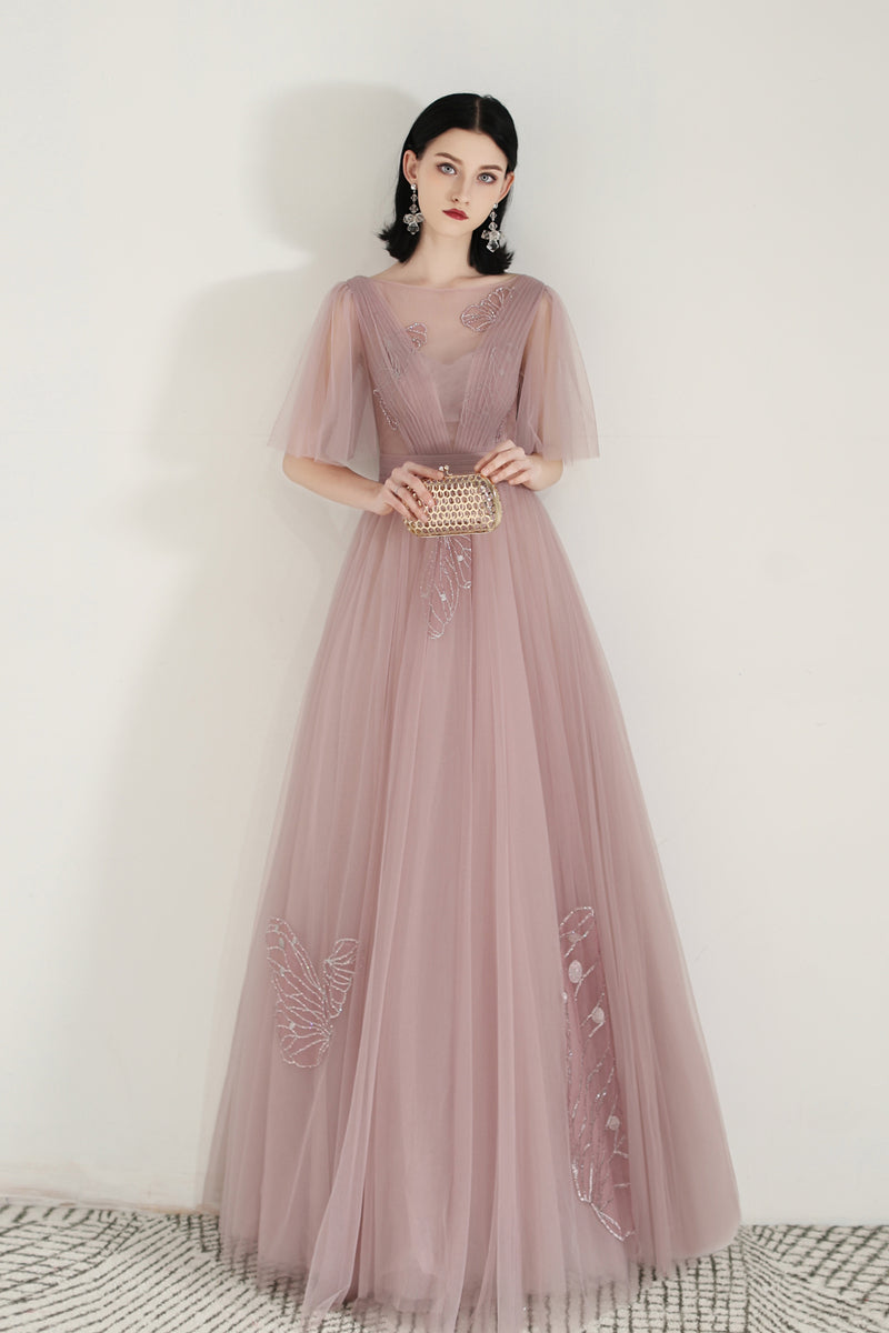 Unique Dusty Rose Long Flowy Prom Dress