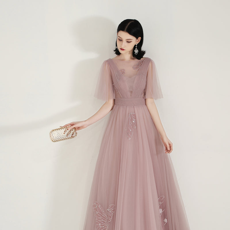 Unique Dusty Rose Long Flowy Prom Dress