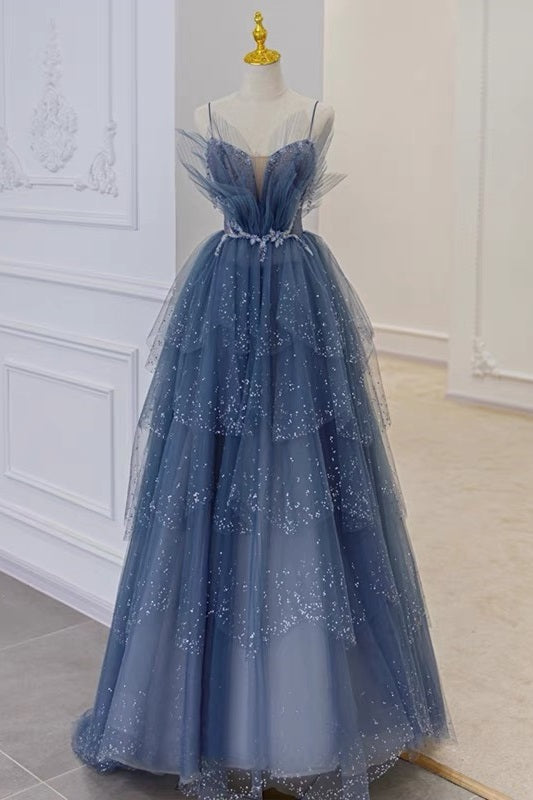 Unique Tulle Tiered Dusty Blue Prom Dress