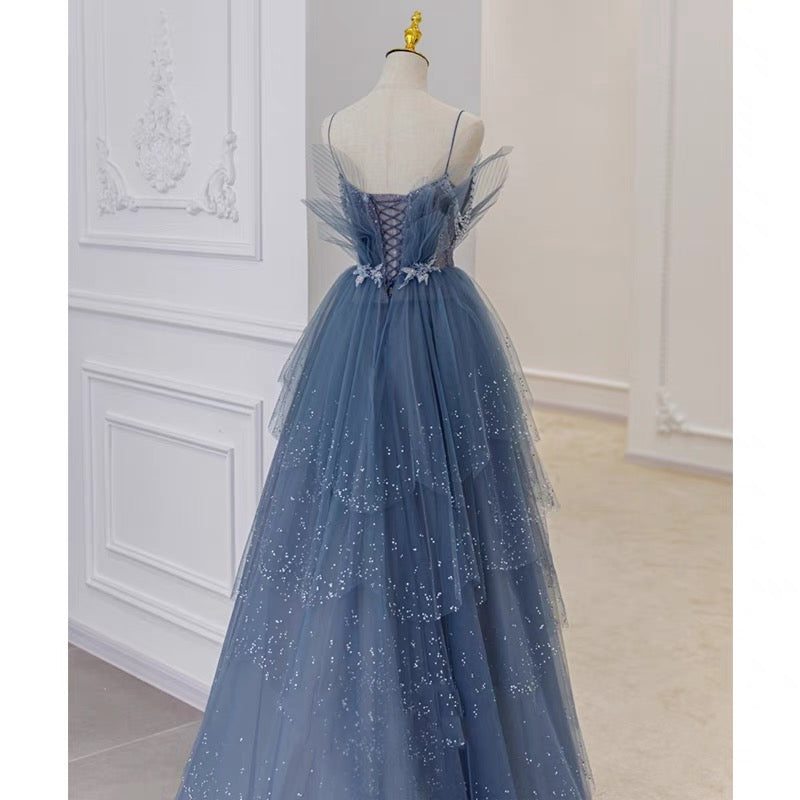 Unique Tulle Tiered Dusty Blue Prom Dress