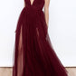 Unique Plunge V neck Burgundy Chiffon Flowy Prom Dress with Side Slits,GDC1112