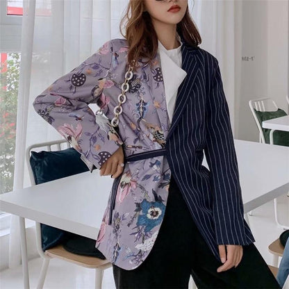 Vintage Stylish Striped Patchwork Office Lady Blazers Coat Notched Collar Long Sleeve Chic Blazer Outerwear