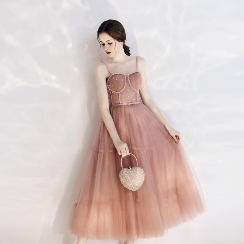 Vintage Peach Pink Tea Length Prom Dress