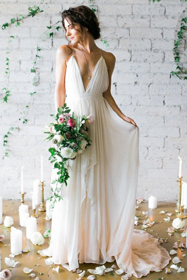 Boho Wedding Dress,Backless Wedding Dress,Flowy Wedding Dress,WS075