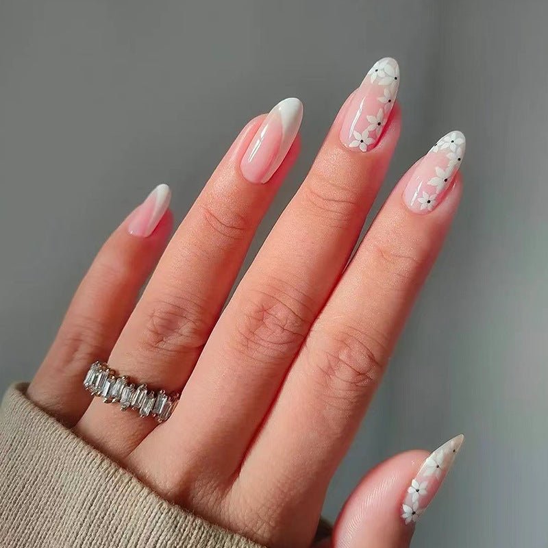 White Flowers French Short Almond Press On Nails