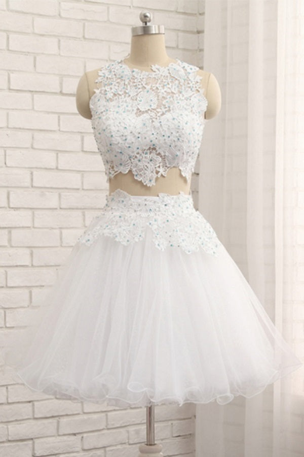 White Lace Juniors Prom Dress Two Piece Homecoming Dress, 21121319