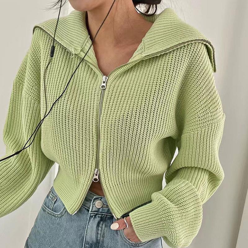 Soft Lapel Double Zipper Loose Long Sleeve Knitted Sweater For Women - ladieskits - sweatshirt vs sweater