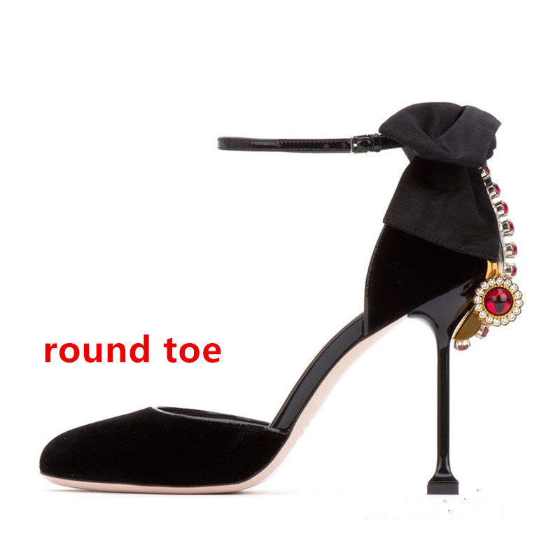 Women's Leather Stiletto Heel Rhinestone Bow High Heel Sandals - ladieskits - 0