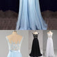 Fashion Light Blue Lace A line Prom Dress Long Formal Dress Chiffon Light Blue Evening Dress,201707209