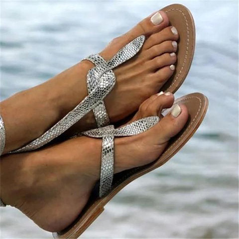 Roman Sandal Lady's Summer Flat Toe Snakeprint - ladieskits - 0